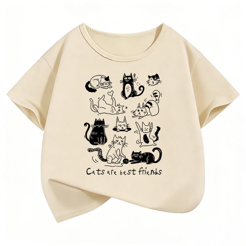 Cat Are Best Friends Design Printed T Shirts Short Sleeve Kids Childrens Tshirt Boys Girls Summer Spring Casual Top Tee Shirt