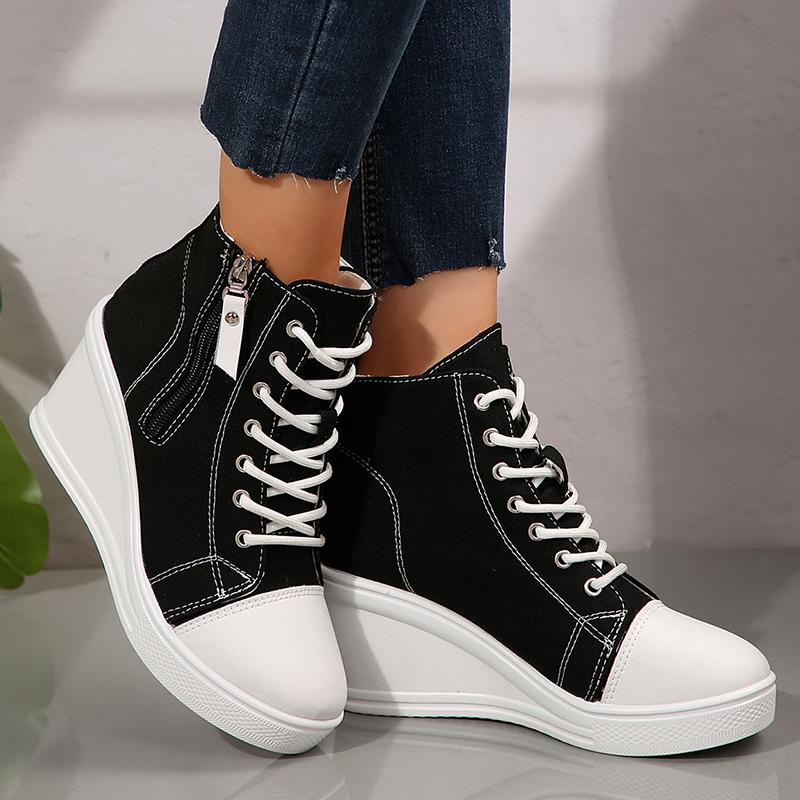 Fashion Lightweight Wedge Sneakers for Women Fashion Platform High Top Canvas Shoes Woman Zipper Lace Up Casual Walking Shoes Plus Size