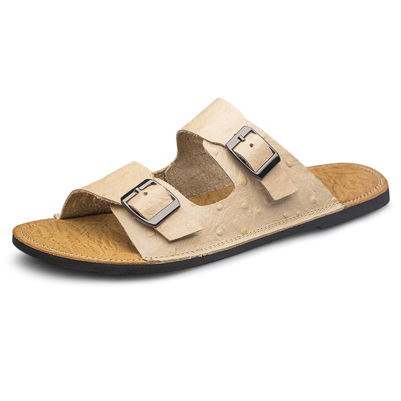 

Fashion FUQIAO New Men Gennine Leather Mule Clogs Slippers High Quality Soft Cork Two Buckle Slides Footwear For Men Big Size 38-47 38 бежевый