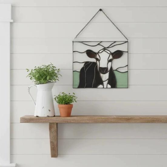 Handcrafted Black White Cow Suncatcher Stained Glass Style Window Hanging Panel 2D Acrylic Cow Ornament for Farmhouse Window Wall Decor Gift for