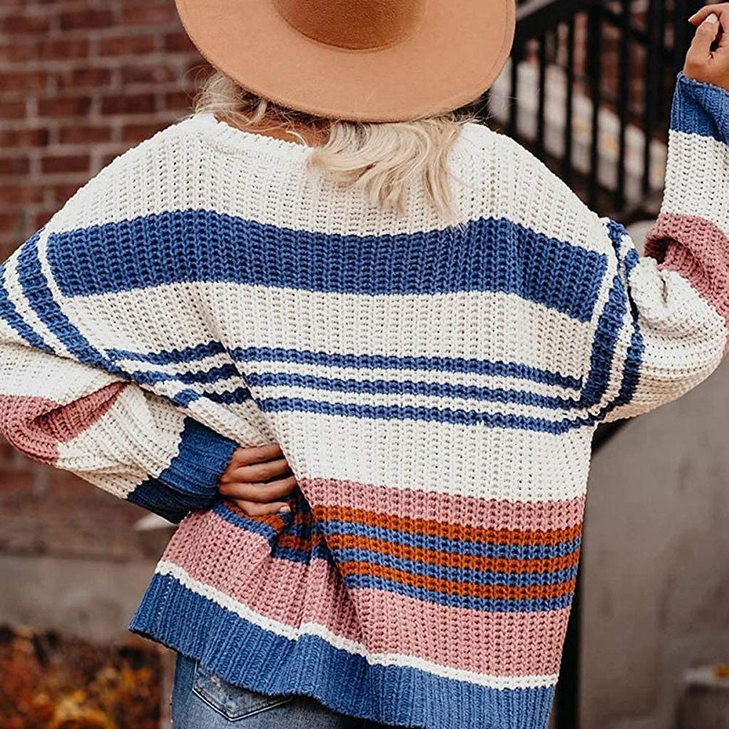 Women's Long Sleeve  Striped Color Block Casual Loose Knitted Pullover