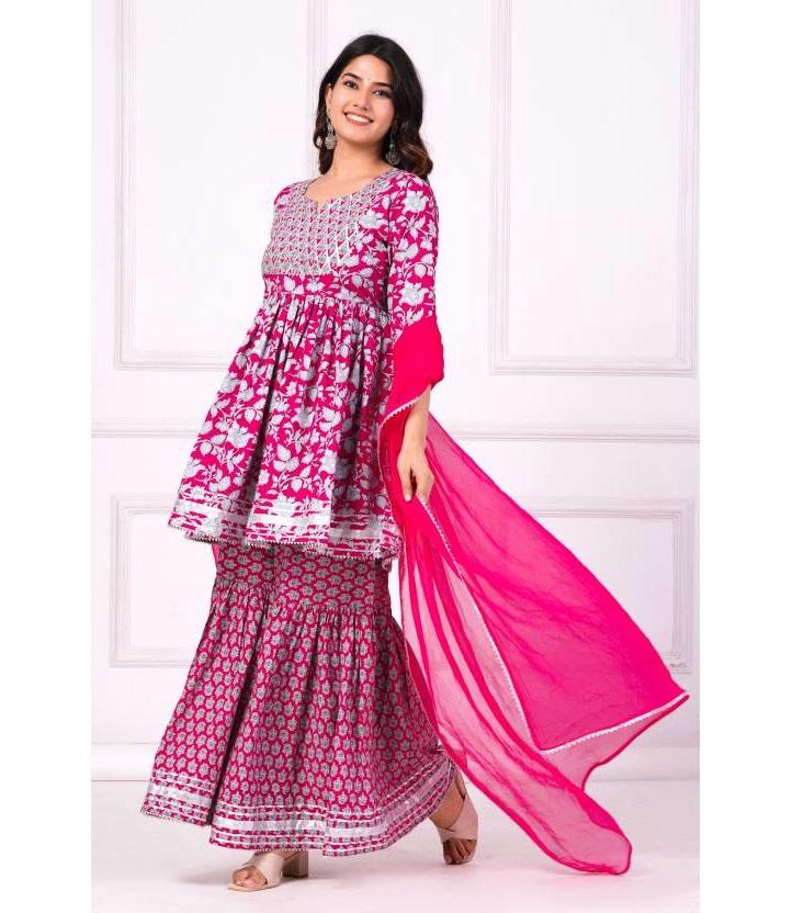 Damen Party Wear Baumwolle Viskose Kurta Sharara Dupatta Set Indisches Designer Top Tunika Kurti