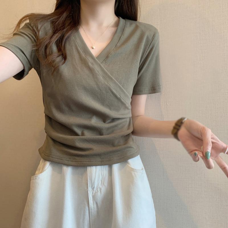 

Элегантная тонкая футболка с крестом и v-образным вырезом для женщин, однотонные тонкие топы с короткими рукавами, летний повседневный универсальный пуловер для девочек 2XL