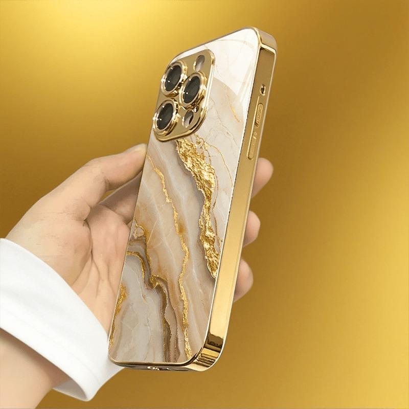 Gold Marble Stone Pattern Metallic Paint Glass Phone Case For iPhone 17 16 15 14 13 12 11 Pro Max 14 15 Plus 17 Air 16E Cover