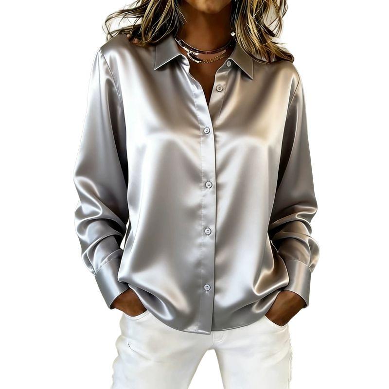 Women's Solid-Color Satin Long-Sleeve Button-Down Shirt