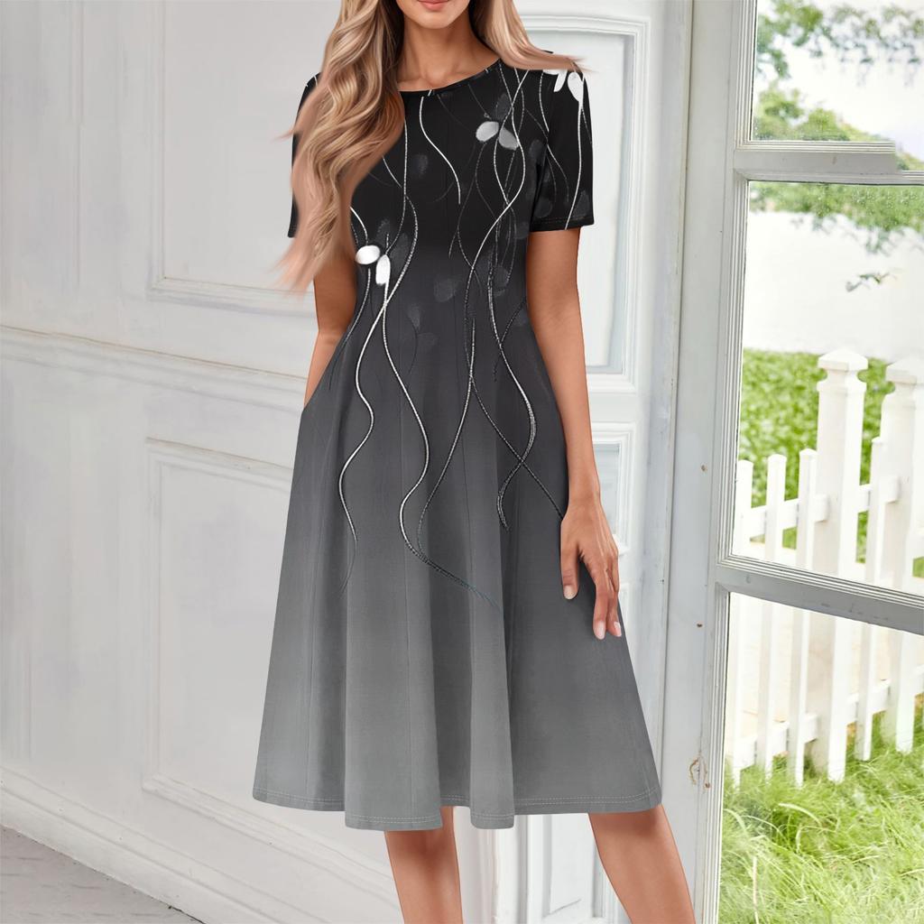 Dámská ležérní móda Midi šaty s kulatým výstřihem a krátkým rukávem