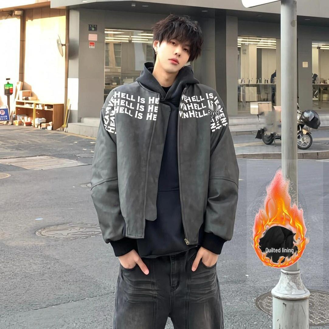 

Men s High Street American Leather Baseball Jacket with Cotton Padding - 2025 Winter Collection: Cool, Loose, High-End Style 2XL