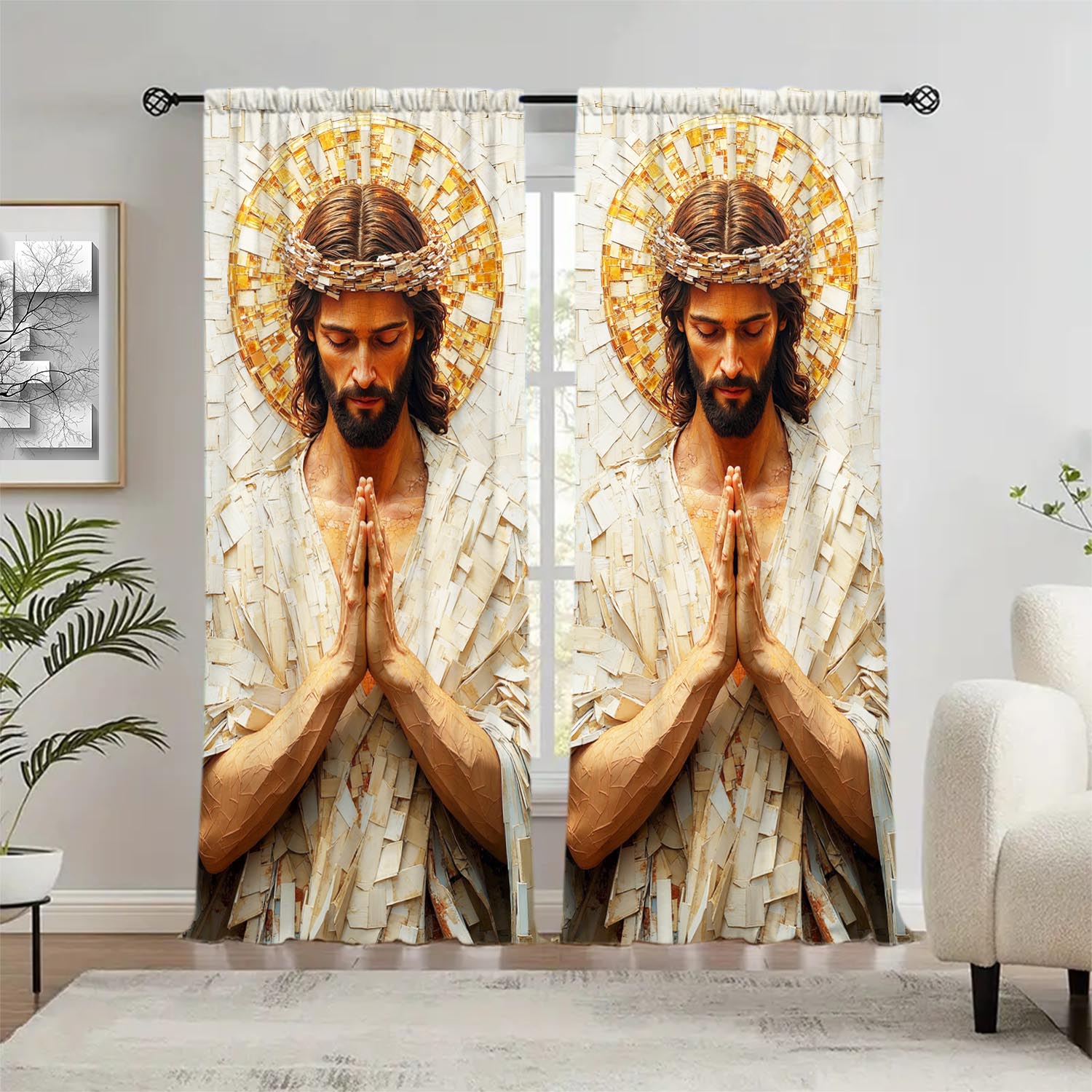 

Panels Sacred Jesus Oil Painting Decoration Curtain Shade Privacy Protection Suitable Decorating Various Rooms Made Of Polyester Washable W100*H70(CM)-Hooks&1PCS