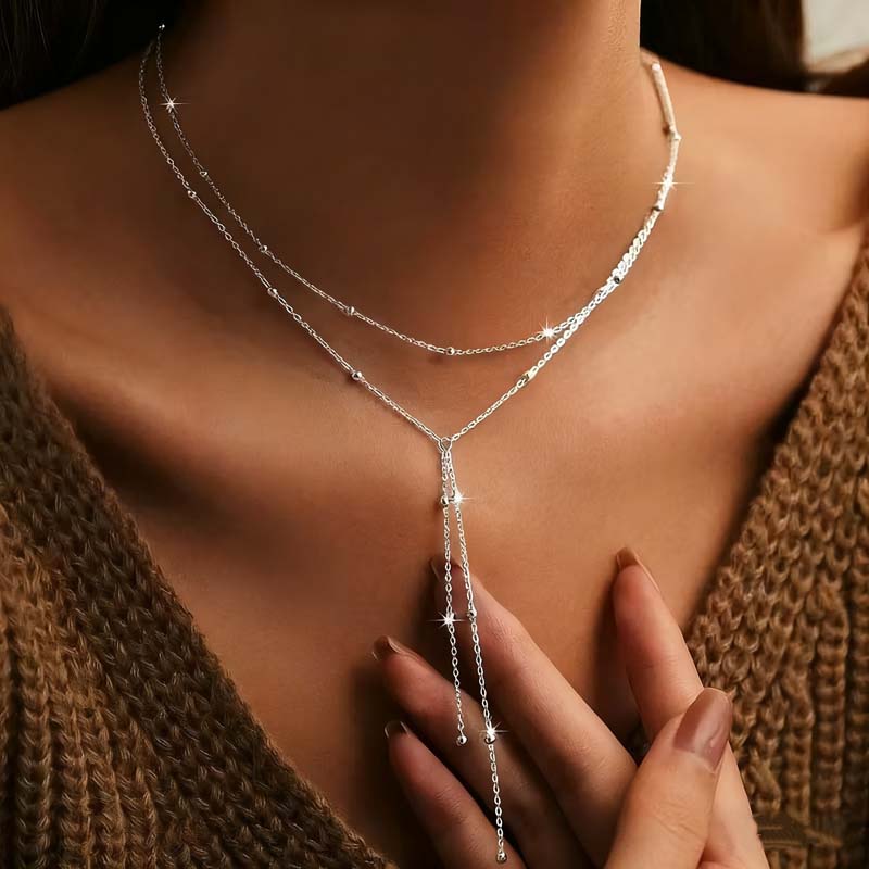 Bohemia Silver Color Ball Chain Necklaces for Women Simple Metal Y-Shaped Beaded Long Tassel Pendant Necklace Jewelry
