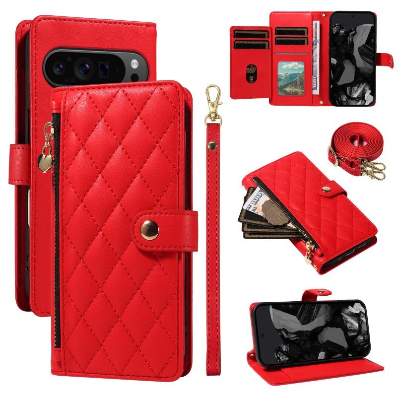 Long Lanyard Leather Zipper Flip Purse Phone Case For Google Pixel 10 Pro XL 9 9A 8 8A 7A 7 6A Wrist Strap Wallet Card Cover Bag