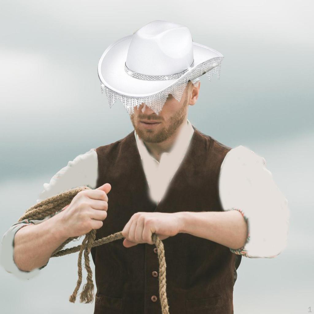 Rhinestes Tassels Cowboy Hat Jazz Cap Wide Cowgirl for Masquerade Fancy Dress Carnivals