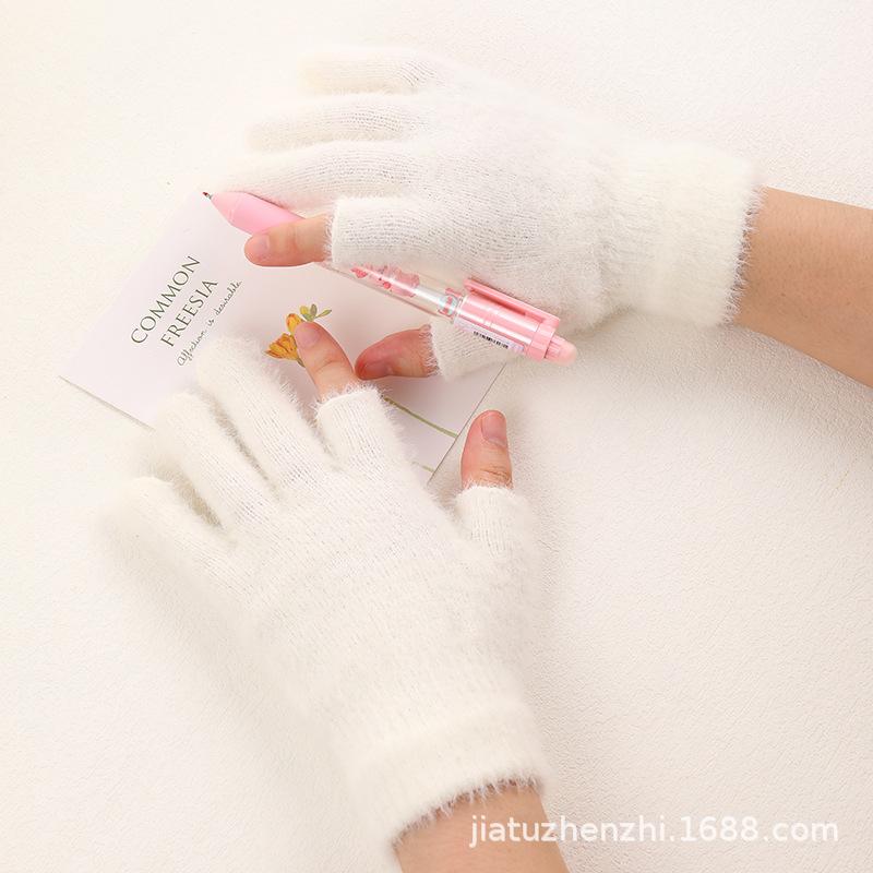 Winter Two Finger Touchscreen Rib Stitch Jacquard Plush Warm Knit Student Thick Half Finger Gloves