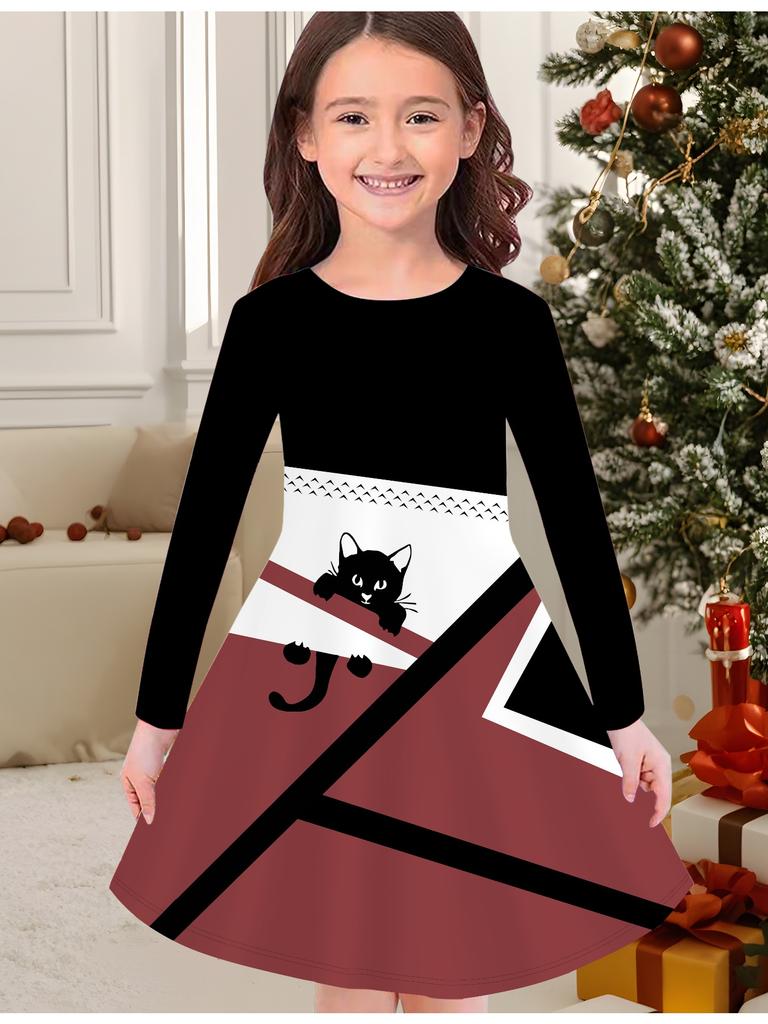 Girls' Autumn and Winter Fashion Dress, 3D Black Cat Print  Round Neck Long Children's T-shirt Dress, Casual Versatile, Christmas Clothing