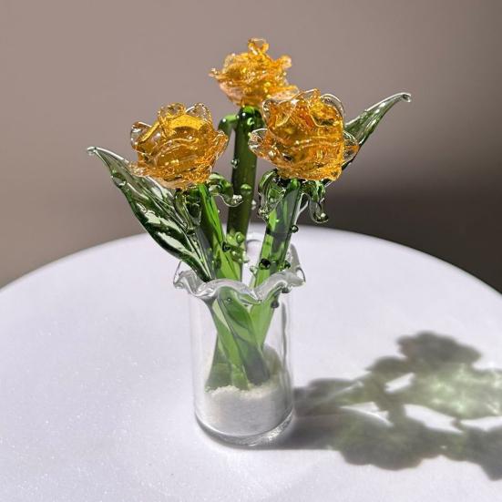 1Pc/1 Set Mini Glass Rose Flower Decoration with Stem Handmade Glass Floral Figurine Home Living Room Hand-Blown Flower Bouquet Ornament