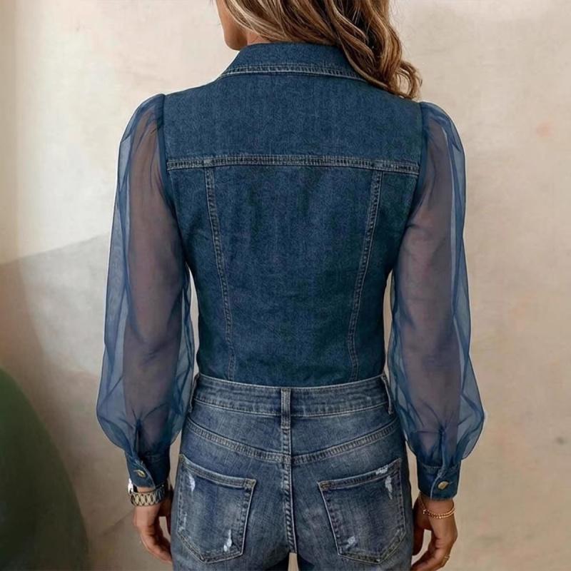 Spring New Women's Fashion Casual Faux Denim Patchwork Chiffon Long-sleeve Top