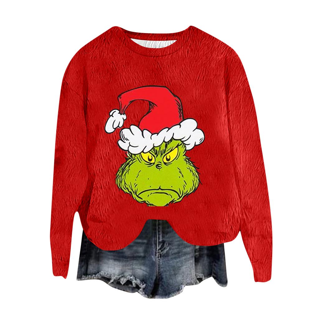 Women's Fashion Round Neck Pullover Top Long Sleeve Tee Christmas Printed Sweatshirt