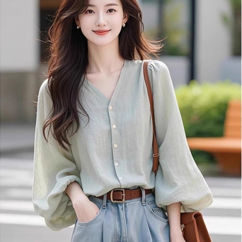 Women's Long Sleeve Blouse V Neck Balloon Sleeve Shirt Loose Temperament Commute Top For Spring