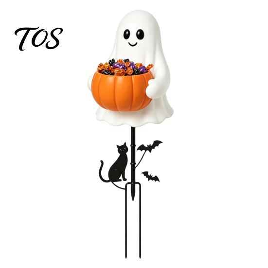 Weather Resistant Halloween Yard Art Ghost Candy Holder Garden Stake, Cute Glowing with Pumpkin Bowl, Figurine Metal Bracket Outdoor Sign for белый