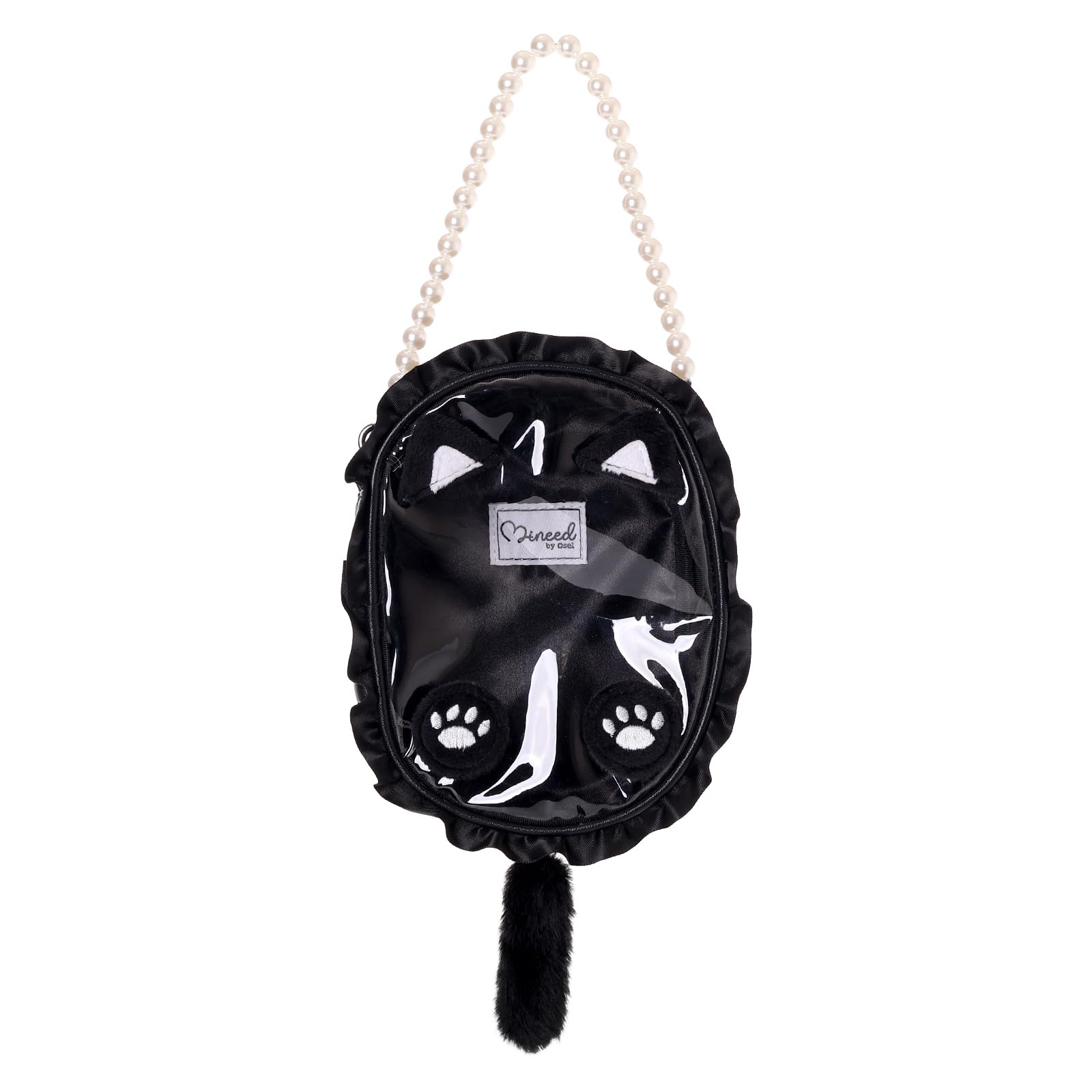 Z25722 Mineed by Osel Cat Ear Plush Pouch with Pearl Strap, Available in 5 Colors, Large Size 17.5 x 12.5 x 6cm (Black)