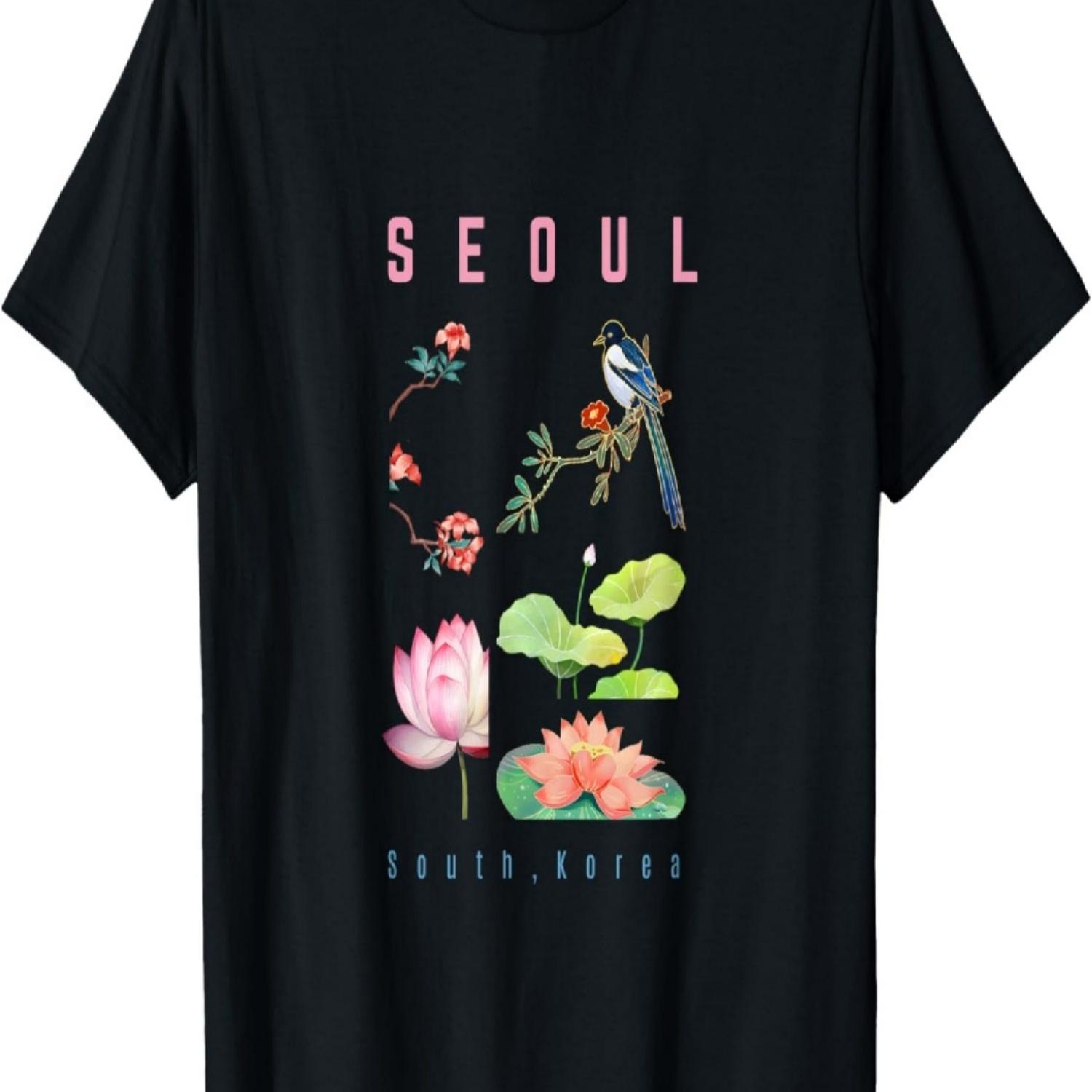 Seoul, South Korea Modern Illustration Magpie & Lotus Design T-Shirt S чёрный