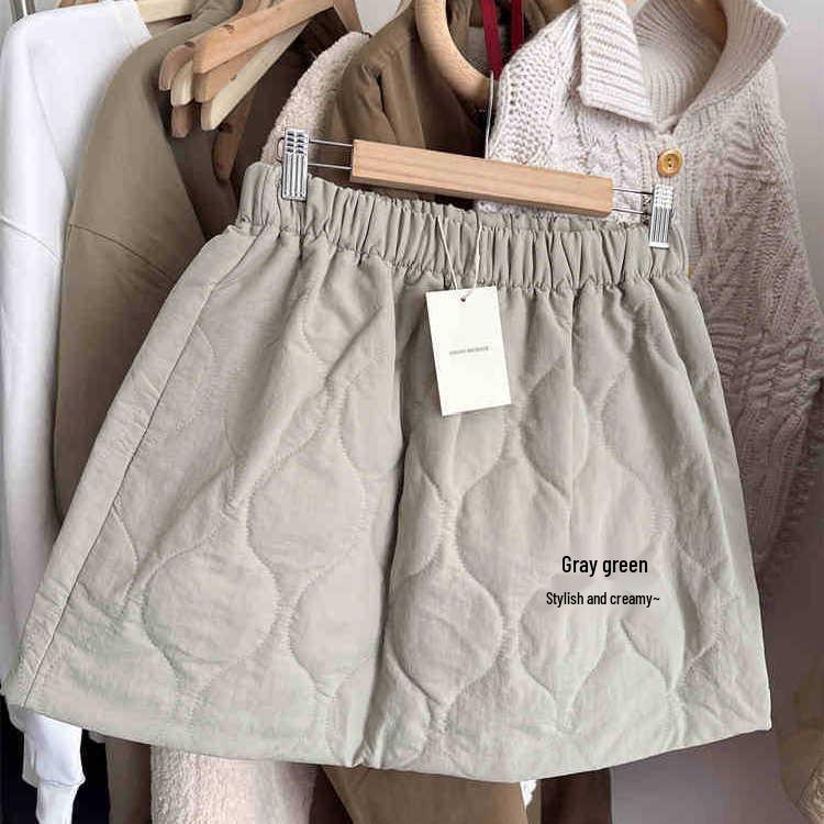 American Diamond Quilted A-Line Mini Skirt for Petite Women, New Autumn/Winter Collection, Warm & Elastic Waist L серый/зелёный