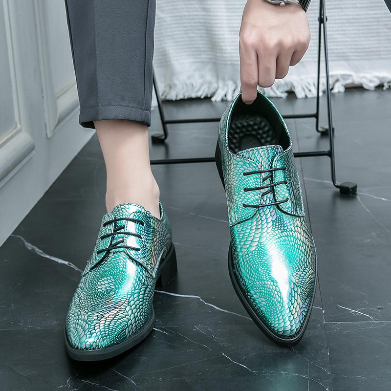 Designer Men's Pointed Fish Scale Pattern Patent Leather Oxford Shoes Business Wedding Dress Blue Green Sapatos Tenis Masculino