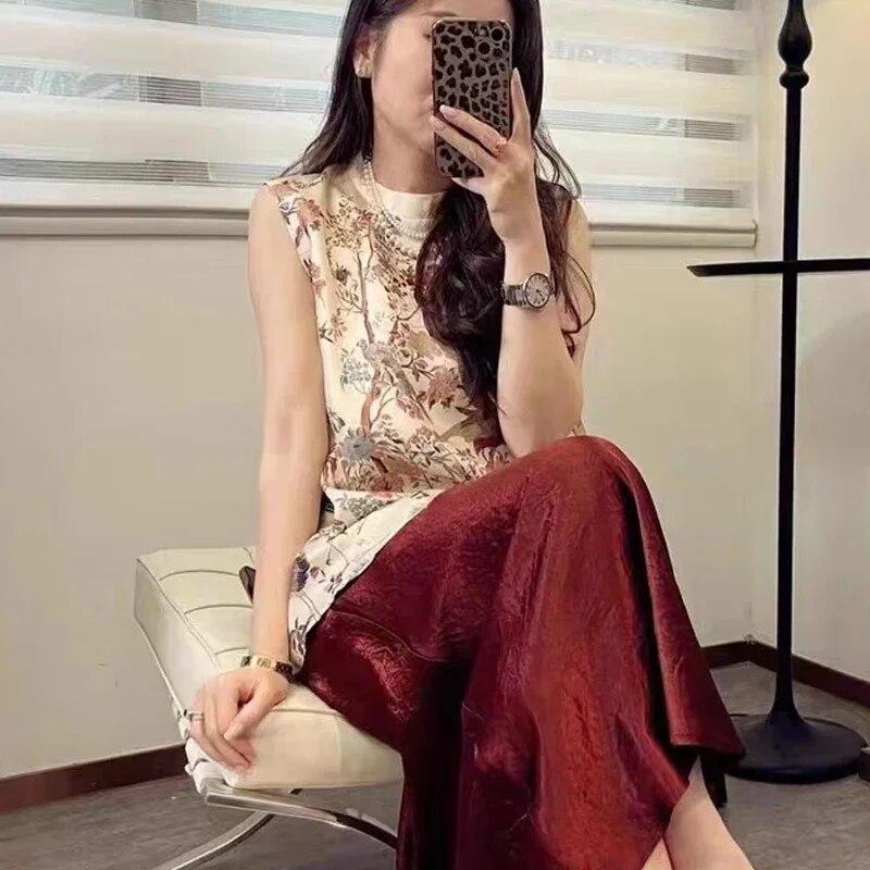 Vintage Print Weste Mulberry Seide Tops Casual Runde Kragen Lose Ärmellose Kleidung Sommer Tank Top Frauen Westen 26745