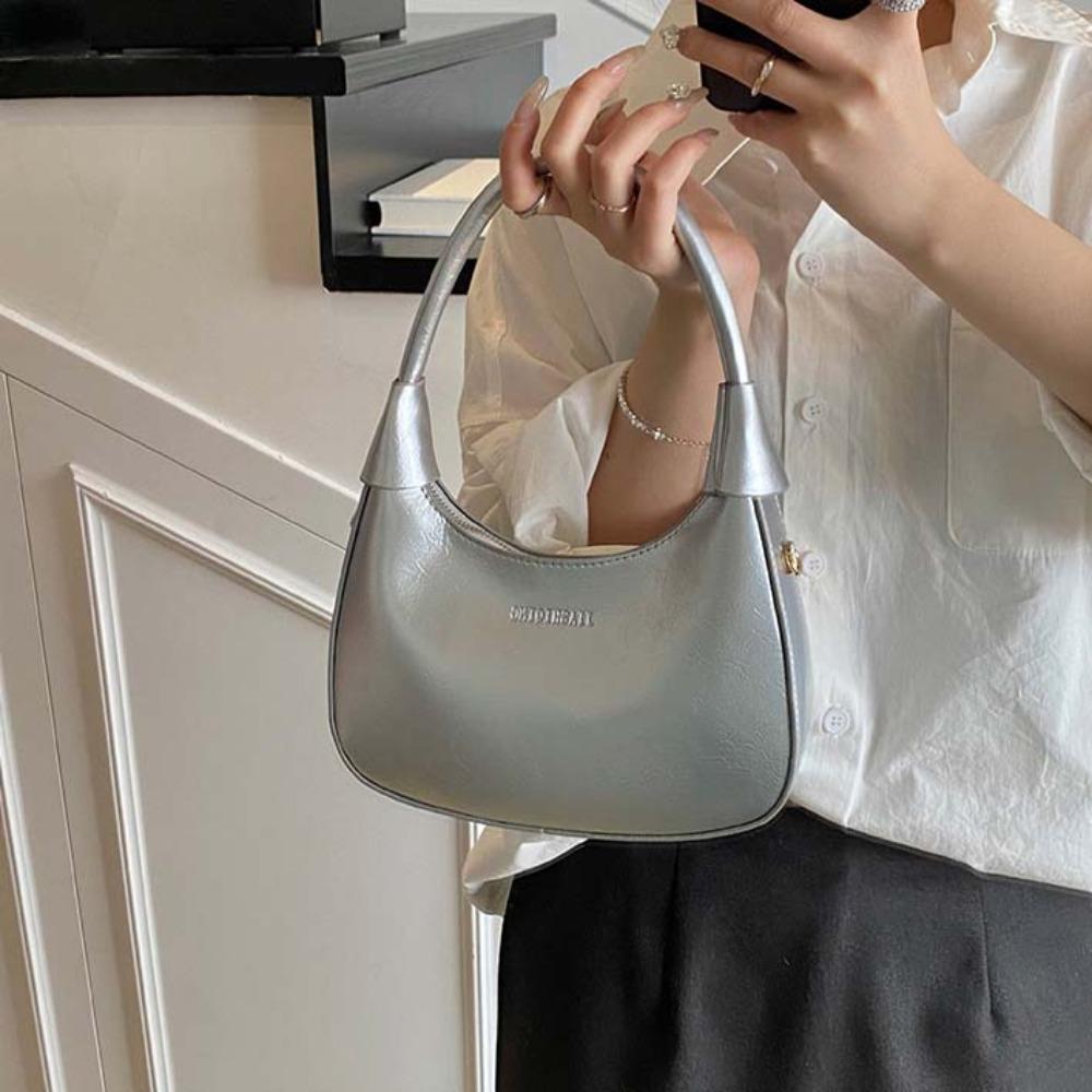 Elegant French Underarm Bag Solid Color Texture Handbag Storage Bag PU Hobo Bag  School