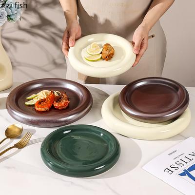 Einfarbiger, runder Keramik-Essteller im westlichen Stil, Steakteller, Nudelteller, Sushi-Teller, Stachelscheibe, Dessertteller, Obstschale