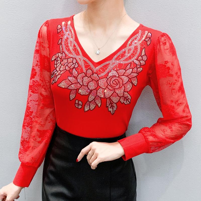 Spring Autumn Women's Lace Sleeve Patchwork T-Shirt Elegant V-neck Tees Slim Ladies Tops With Rhinestone Flower