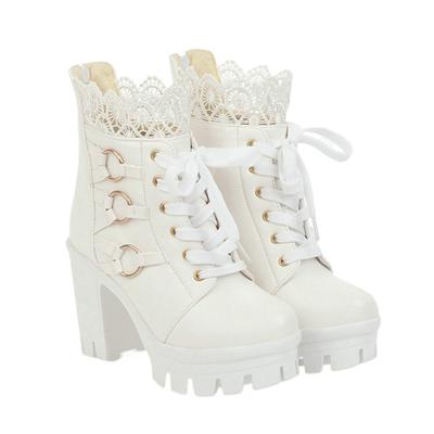 Women Chunky Platform Ankle Boots Lolita Super High Heel Lace Up Boots Sweet Lace Back Zipper Princess Cosplay Shoes Black White