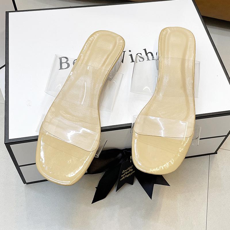 Women's Chunky Heel Summer Slippers: Transparent One-Strap, Crystal High Heel, Half-Slippers for Outdoor Wear