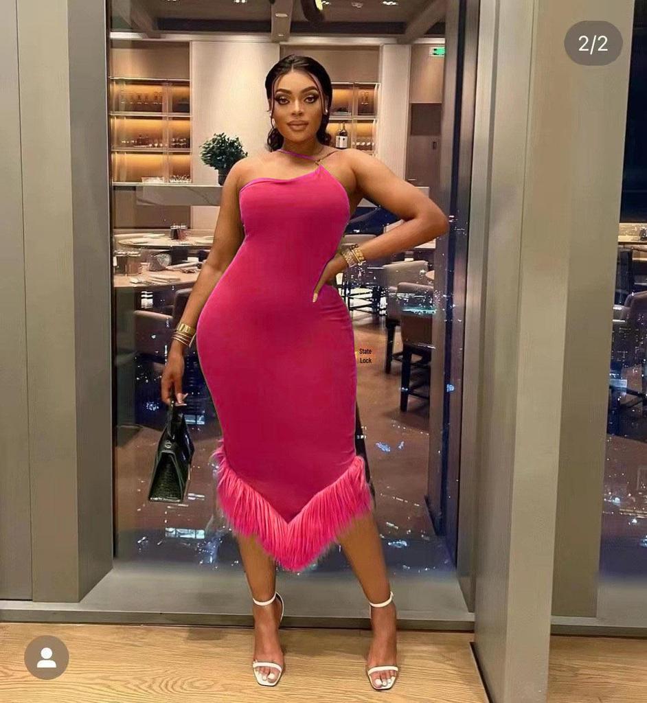 2023 Spring/Summer Asymmetrical One-Shoulder Halter Feather Dress for Women