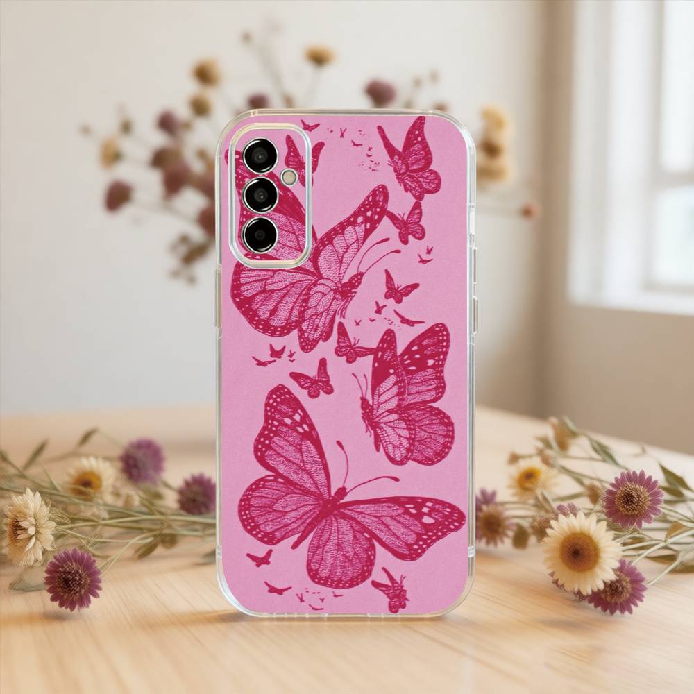 Pink Butterfly Pattern Phone Case For SamsungA10,12,20,21S,30,31,40,50,51,52,70,71 Transparent Cover