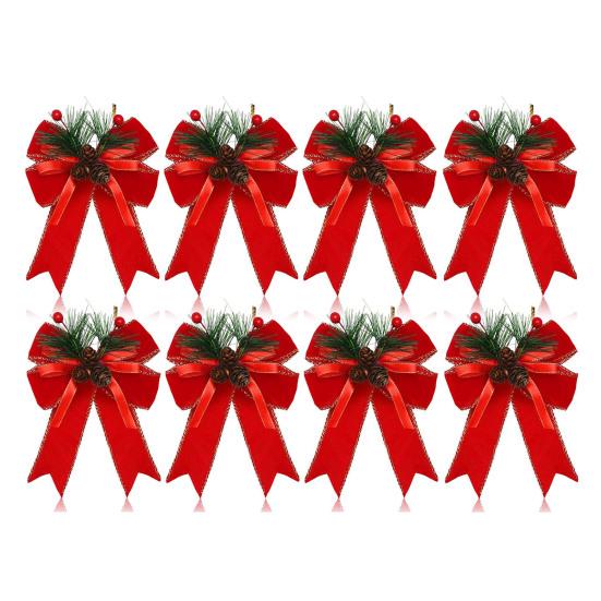 Christmas Bows with Pine Cones Pine Needles Buffalo Plaid Ribbon Bows Christmas Tree Wreath Decoration for Gift Wrapping