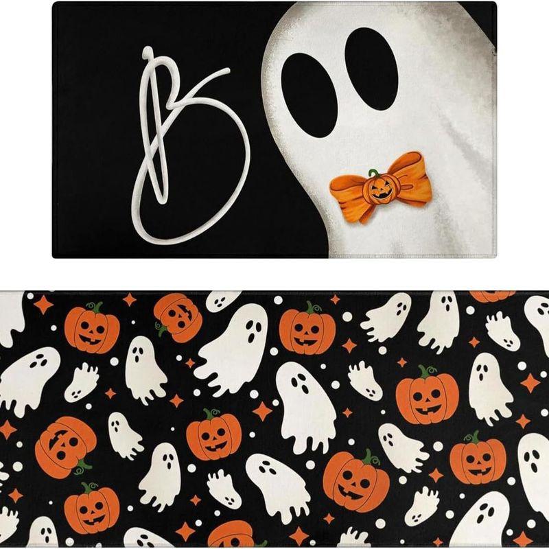 Halloween Kitchen Mat Set Happy Halloween Pumpkin Bat Spider Skull Non Slip Runner Entryway Floor Spooky Decor Washable