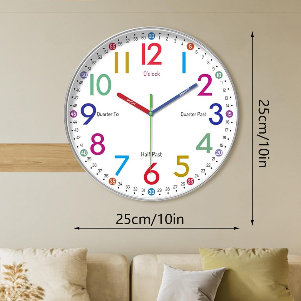 Educational Silent Wall Clock, Colorful Numbers, HD Glass, 25cm, Silent Design, Suitable for Bedrooms and Offices, with Accurate Timekeeping Function