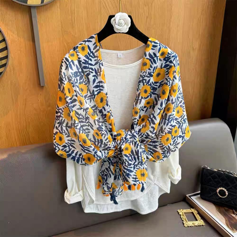 Women'S Floral Print Scarf 180X90Cm Warm Fashion Shawl With Tassels Lightweight Rectangular Sand-Proof Beach Wrap Muslim Hijab