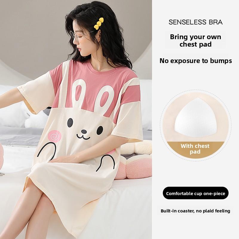 Summer Women Short Sleeve Nightgowns with Chest Pad Female cartoon Print Homewear young Girl Cute Nightdress casual loose Loungewear