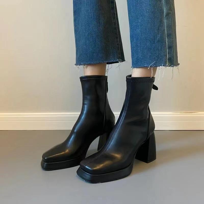 Black high-heeled rear zipper short boots women's autumn and winter new short tube square head thick heel Martin boots waterproof table thin boots