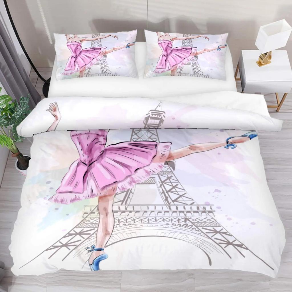 Carino Set Biancheria da Letto Principessa Ballerina Bambine Bambini 3 Pezzi Copripiumino Rosa Regalo di Compleanno per Bambine Decorazione Camera da Letto Misura Queen