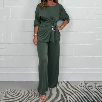 2 Pcs/Set Women Top Pants Suit Round Neck Long Sleeves Lace-up