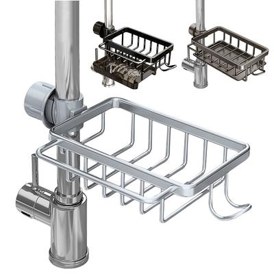 Sponge Holder for Kitchen Sink Aluminum Over Faucet Sink Caddy Organizer Faucet Drain Rack with Hook Work with Round Water Pipe