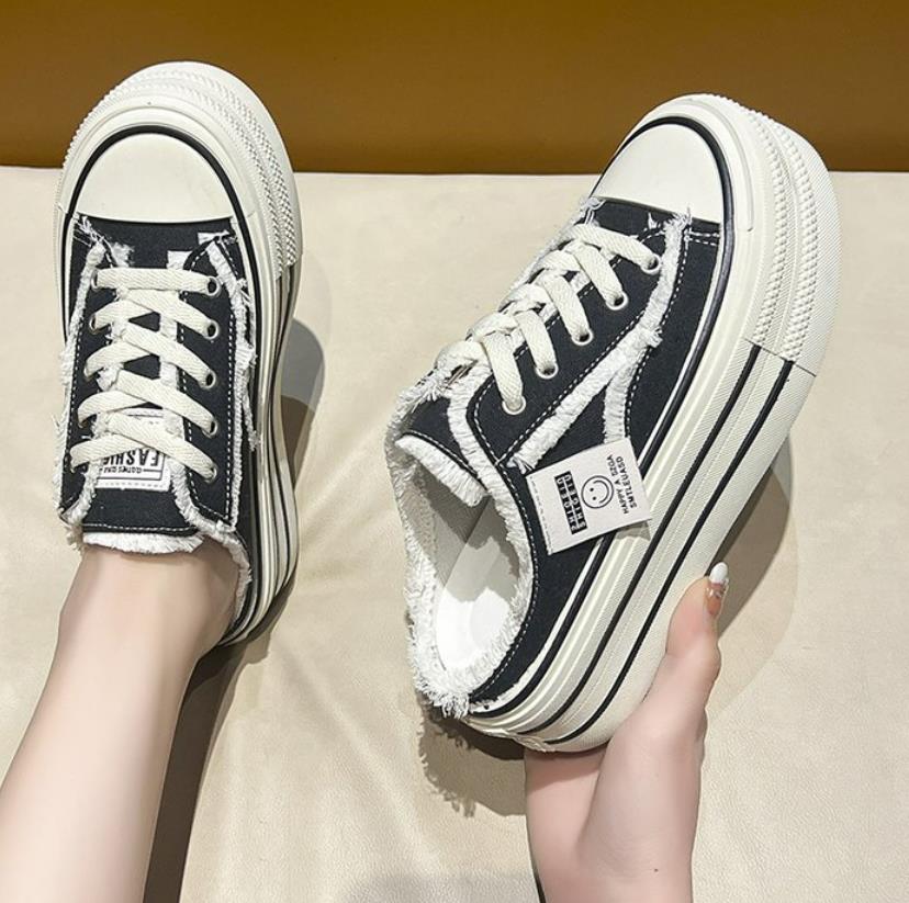fashion New Canvas Shoes Women Casual Designer Vulcanize Shoes Half Slippers Soft Loafers Platform Height Increasing Platform Slippers