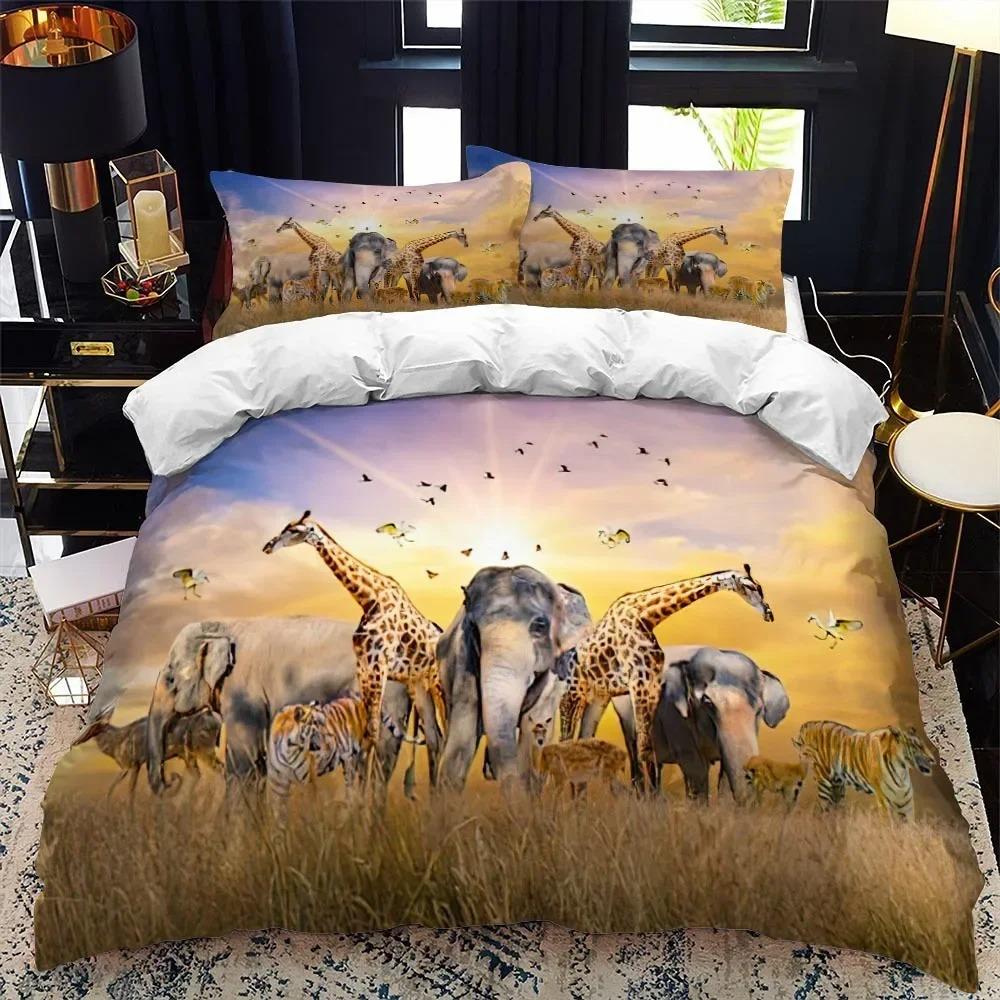 Safari Elephant Duvet Cover Set, Wild Animal Print Bedding Quilt Cover Pillowcases for Adults Twin Queen King Size