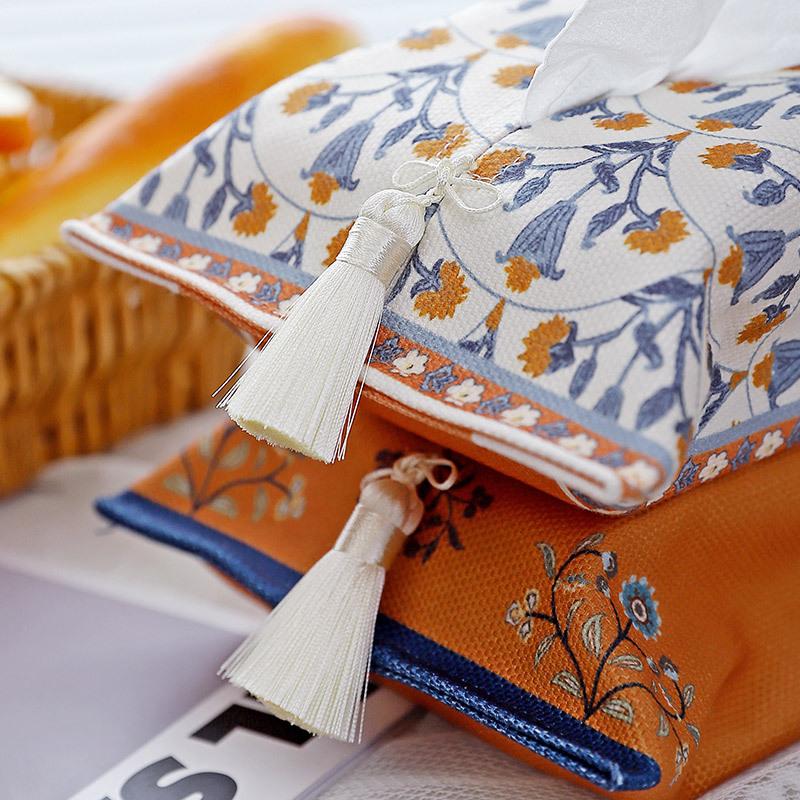 Retro Taschentuchbox Stoffbezug Quaste Orientalischer Östlicher Stil Wohnzimmer Schlafzimmer Auto, Kreativer Druck Halter Geschenkidee 18x24cm