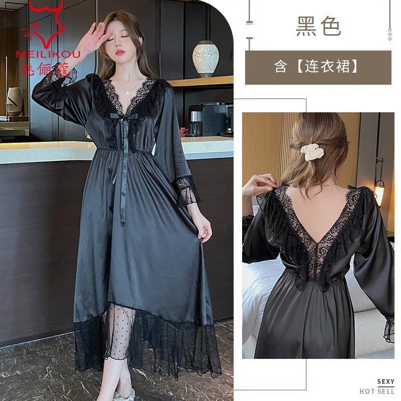 

Sexy female spring and autumn ice silk long-sleeved lace seduction long dress love fun loungewear set M чёрный