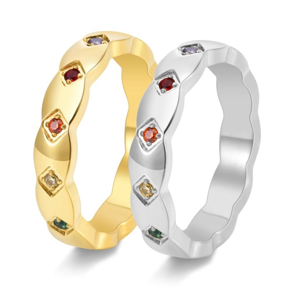 Titanium Steel Couple Rings Diamond Checkerboard Rainbow Color 18K Gold Jewelry