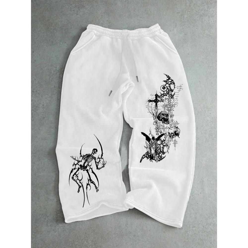 

Men s Casual Straight Leg Pants with Loose Polyester Sports Pants Featuring Dark Gothic Skull Print, Retro Street Style XXL