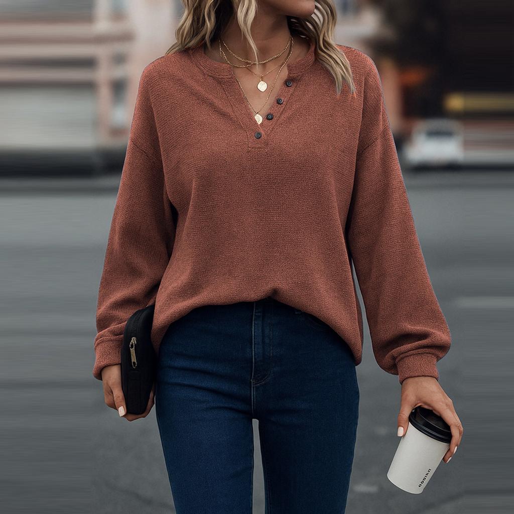 Women's Fashionable Solid Color Long Sleeved V-neck Button Casual Loose Pullover Top